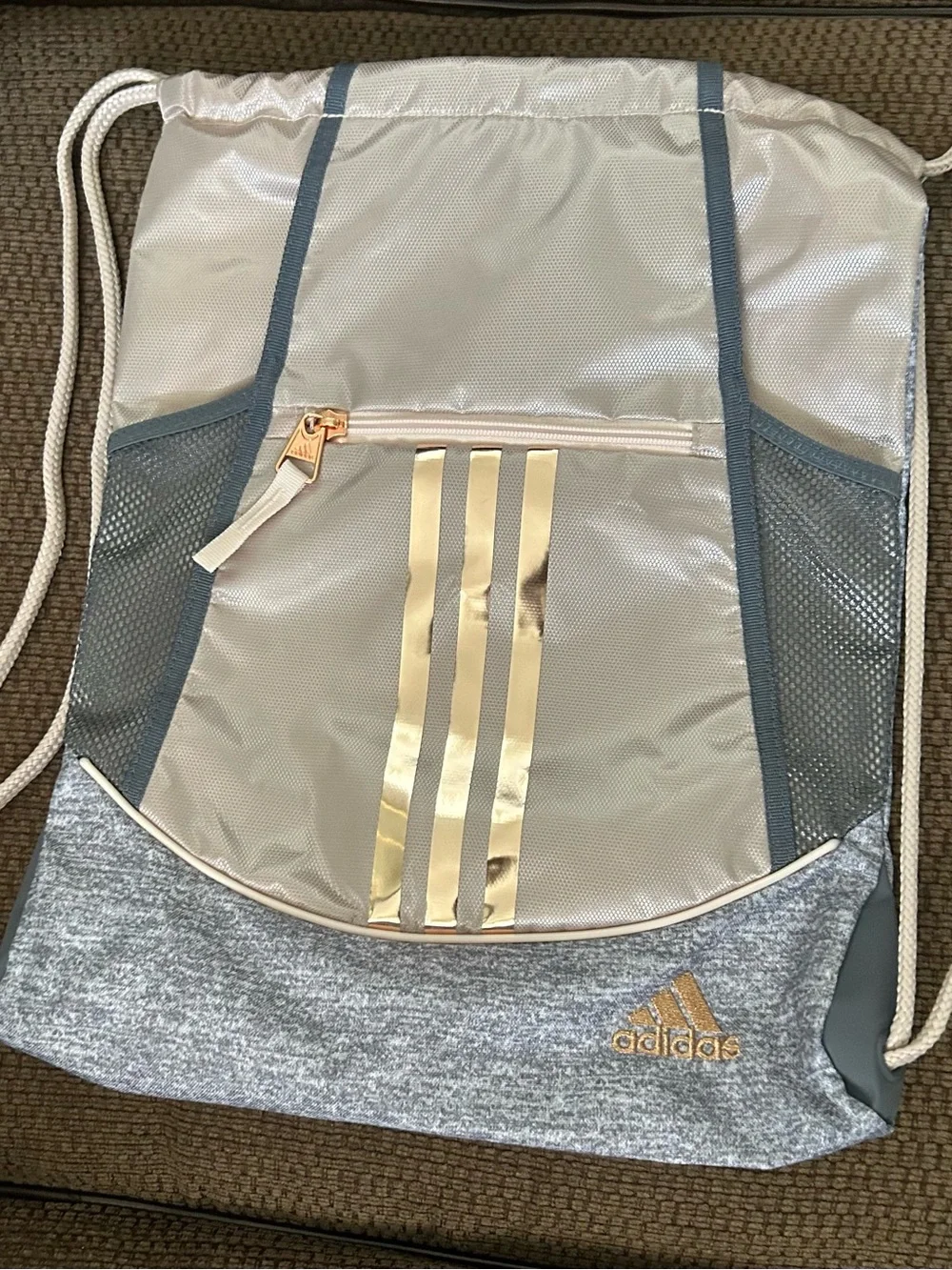 adidas Drawstring Backpack in Gold and Gray